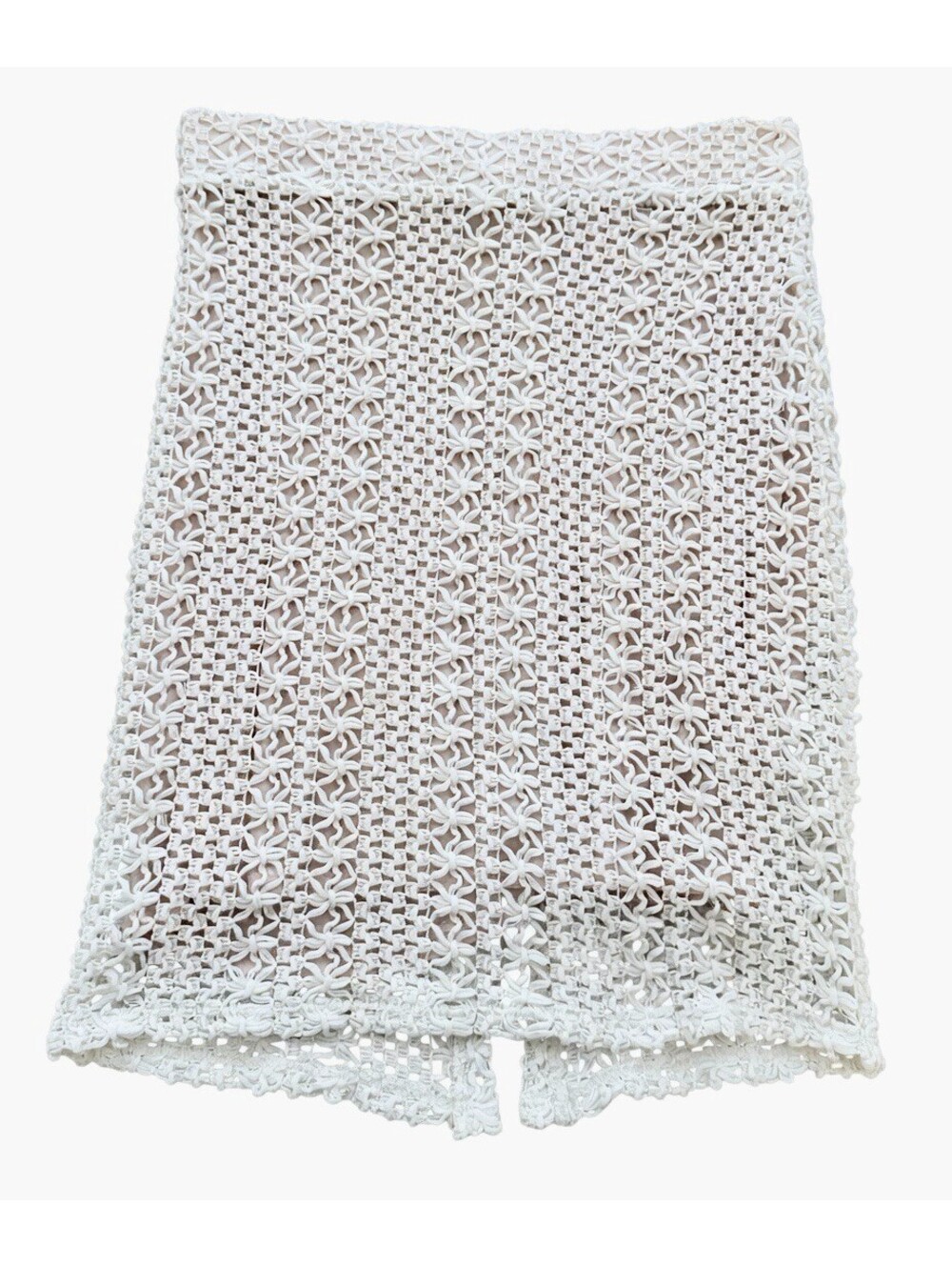 Free People Off-White Ivory Crocheted Knit Knee-Length Pencil Skirt Pink Lined 2